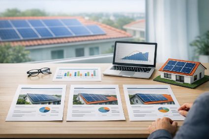 Cliente avalia gráficos e documentos técnicos com casa e painéis fotovoltaicos
